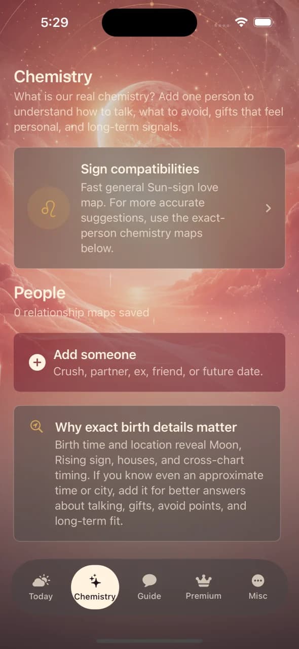 Venus Says chemistry screen with sign compatibility and exact-person relationship maps
